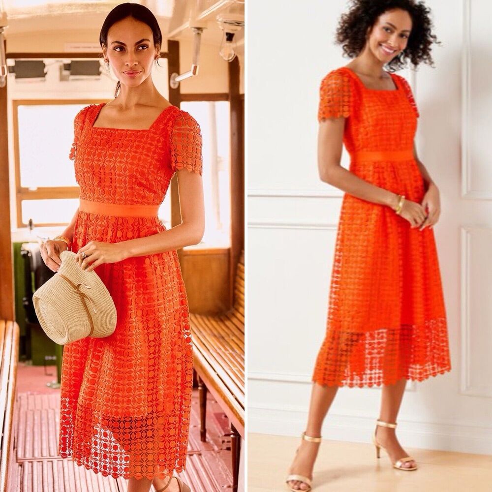 Talbots Lace Square Neck Fit & Flare Dress In Bright Tangerine 10